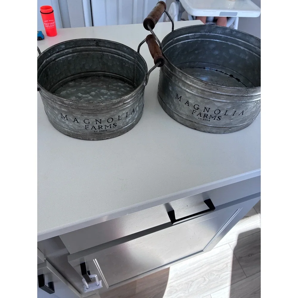 Magnolia Farms Galvanized Metal Buckets Set of 2 Wood Handles Farmhouse Decor